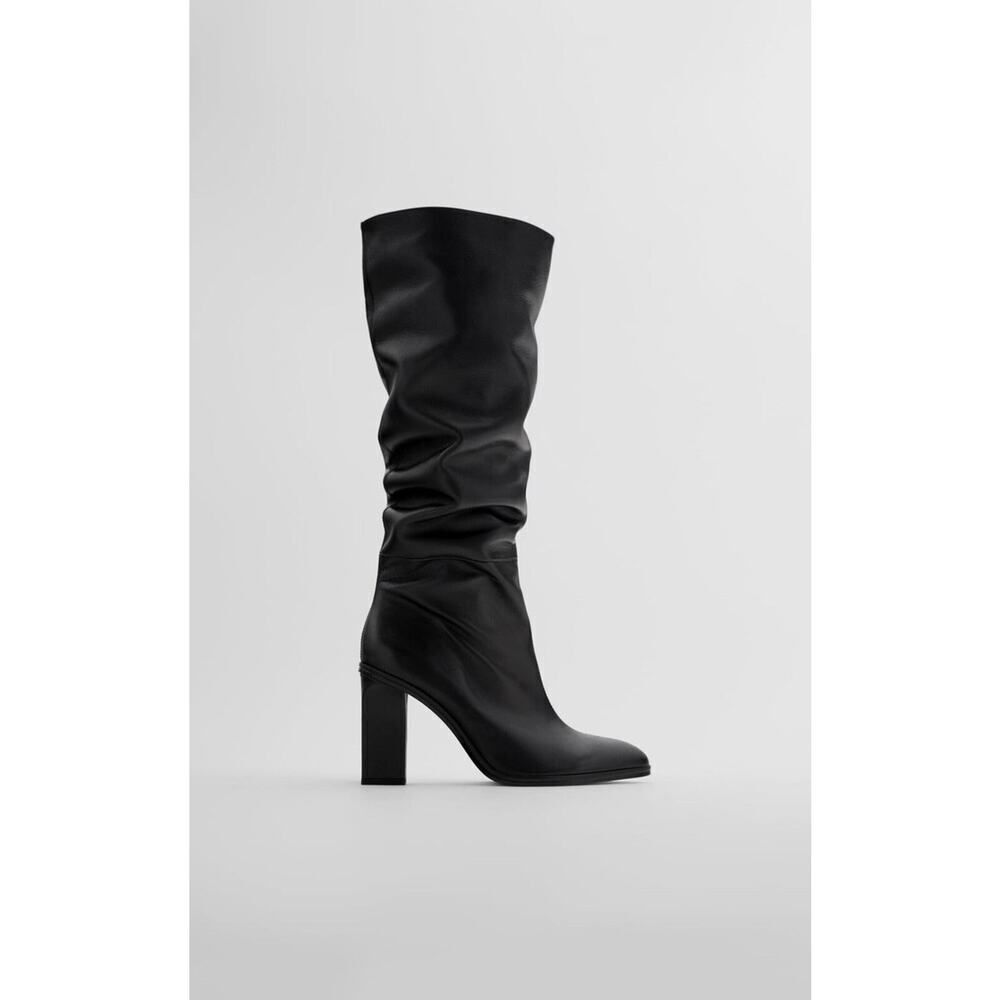 ZARA Black Leather Slouchy Knee High Boots Size 41 US10 UK8 Almond Toe Heels